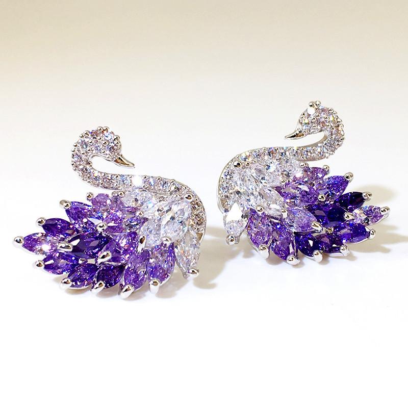 Hot-selling wish platinum purple diamond zircon swan silver needle earrings, slightly inlaid high-end versatile