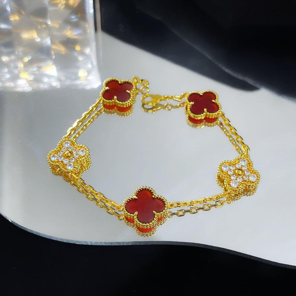 Браслет «Четырехлистный клевер» с пятью цветками, версия High, натуральный фиолетовый халцедон, лазерная CNC-резьба, 18 карат, не тускнеющий, женский браслет