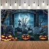 Halloween Full Moon Night Background Photography Gothic Tombstone Zombie Hand Pumpkin Lantern Spider Web Skull Photo Backdrop32