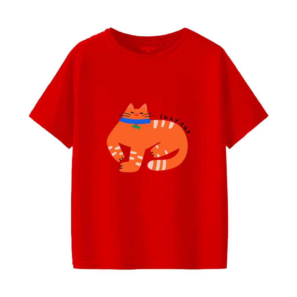 Cartoon orange cat printed short sleeved round neck Womens Tshirt for spring and summer versatile Womens Tshirt