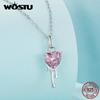 WOSTU Стерлингового серебра 925 пробы, ослепительные розовые циркониевые серьги в форме сердца и ожерелье с подвеской для женщин, комплект ювелирных украшений, свадебный подарок