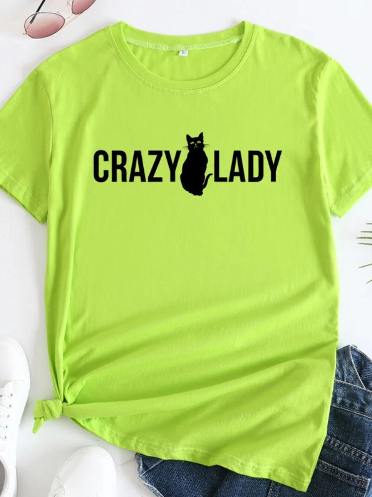 Crazy Lady Cat Print Женская футболка с коротким рукавом и круглым вырезом Свободная женская футболка Женская футболка Топы Camisetas Mujer
