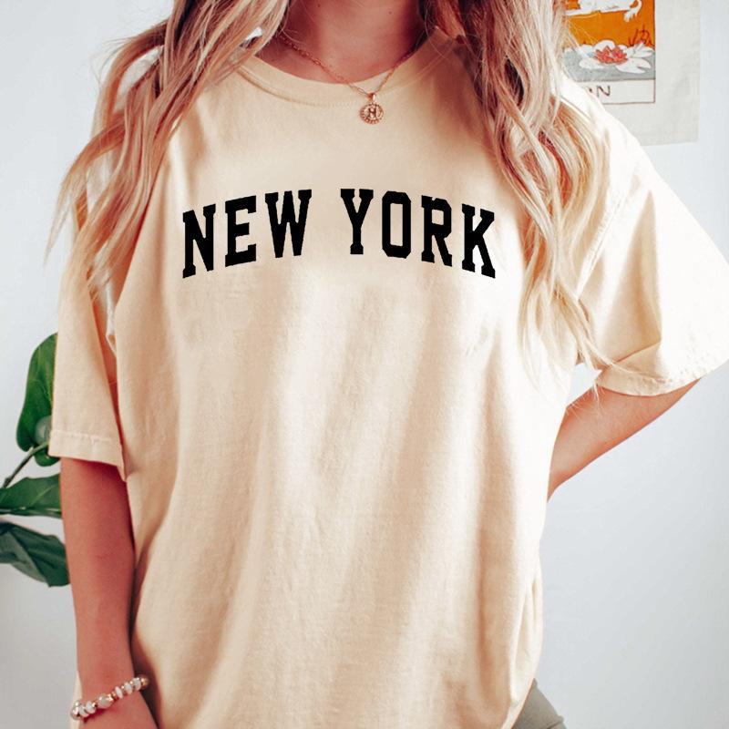 NEW YORK LOS ANGELES Повседневный универсальный свободный топ из хлопка с круглым вырезом и короткими рукавами