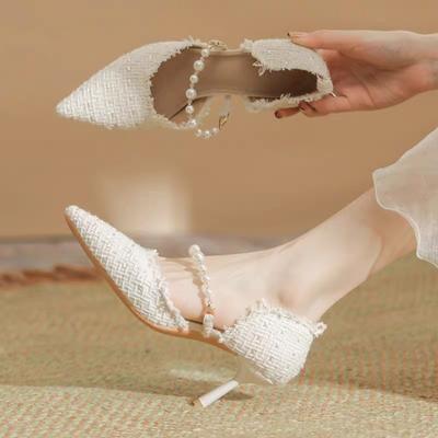 Модные сандалии с закрытым носком, черная обувь для женщин, прозрачные каблуки, мелкий вырез, бежевые, с острым носком, на резинке, шпилька, удобные, 2024, ретро, низкие