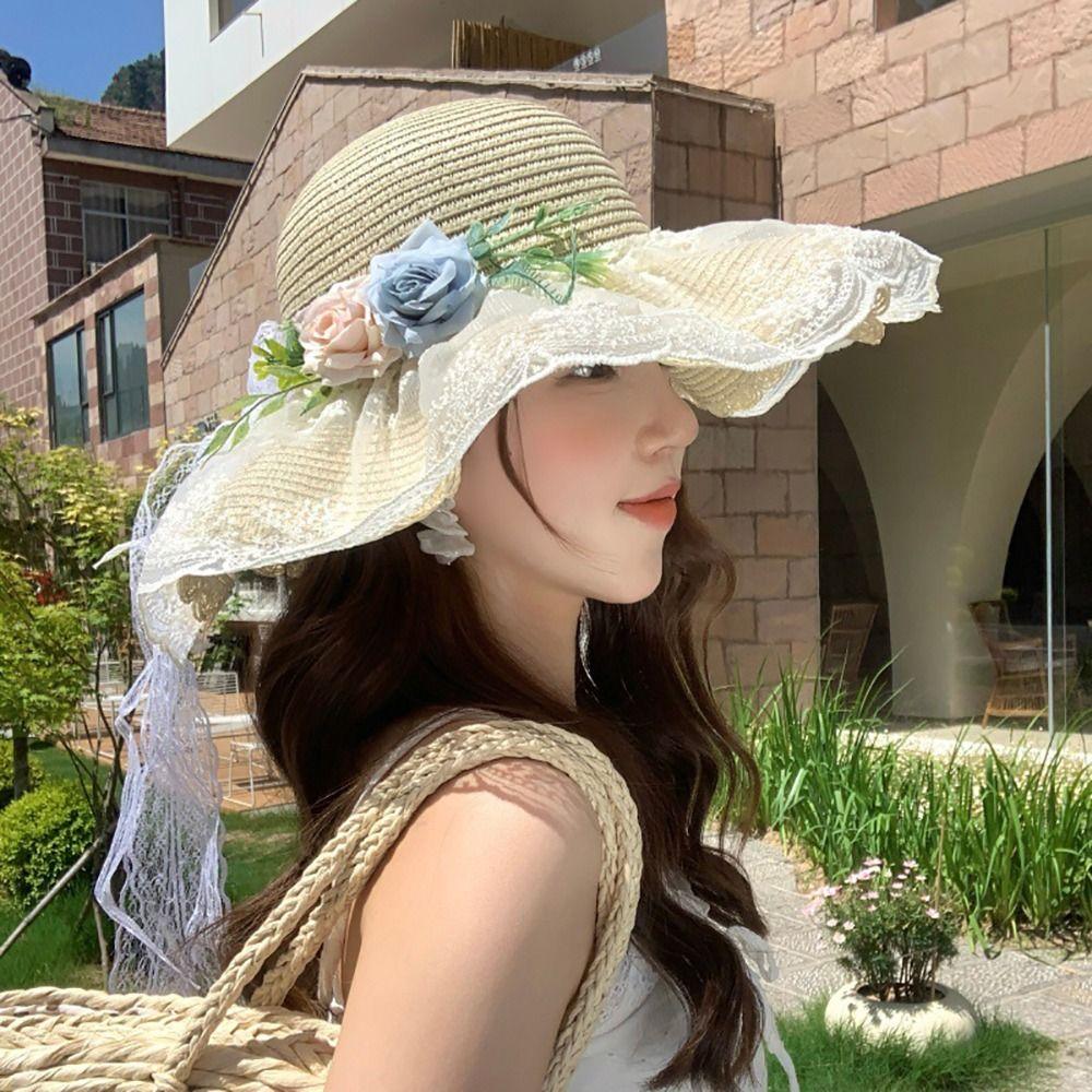 Flower Straw Hat Big Bowknot Wide Brim Hat Lolita Sun Protection Hat Seaside Vacation