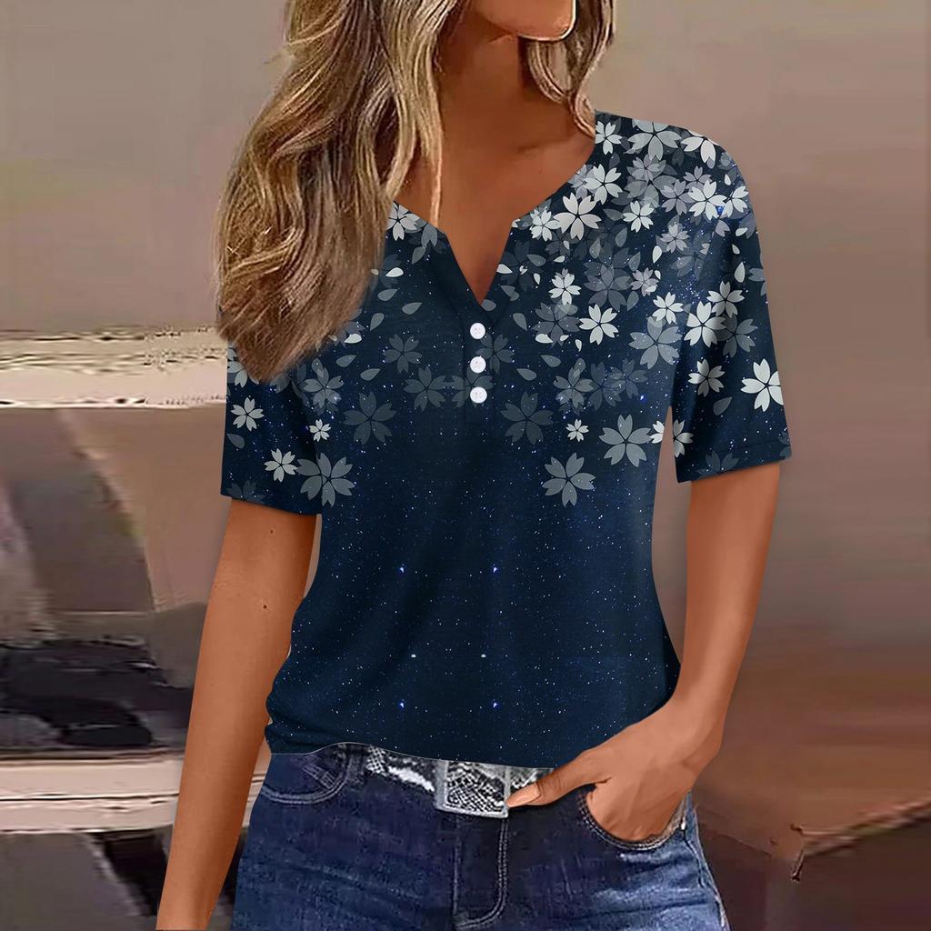 Women's T Shirt Tee Print Button Short Sleeve Daily Weekend Fashion Basic V- Neck Regular Top