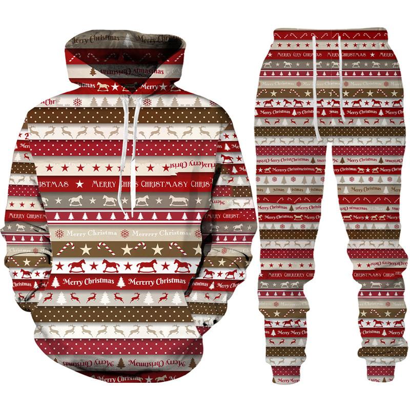 Новый год, Рождество, Санта-Клаус, толстовки с 3D принтом, брюки, спортивный костюм, новинка, костюм из 2 предметов для пары, уличная одежда для вечеринки