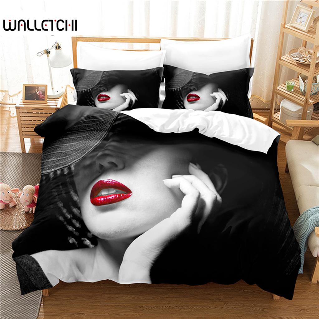 Комплект постельного белья Red Lipped Beauty, 3 предмета, Комплект пододеяльника, Мягкий удобный дышащий пододеяльник, Для декора спальни, гостевой комнаты