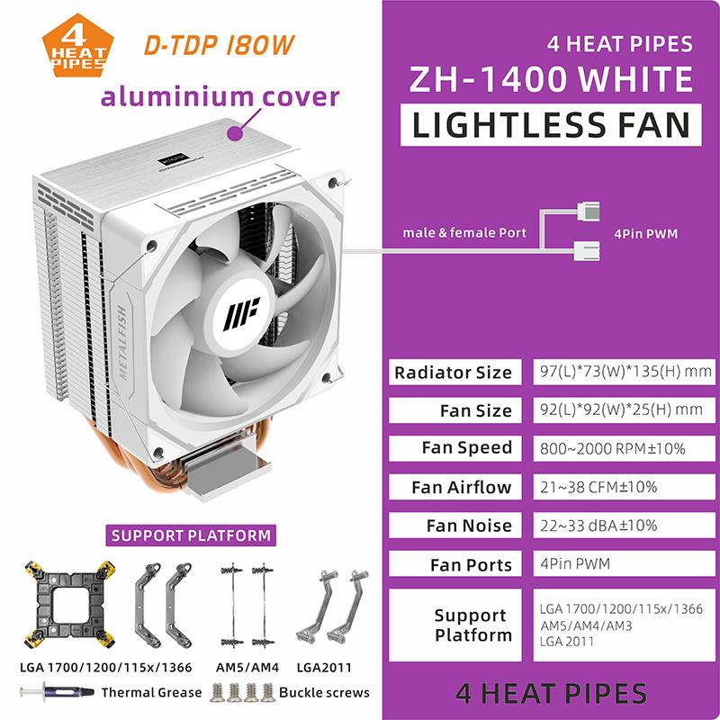 METALFISH Кулер для процессора ПК Белый Радиатор 4-контактный PWM Тихий ARGB Вентилятор Для Intel 1700 1200 1150 1155 1156 1366 2011 AM5 AM4 AM3 x99 x79