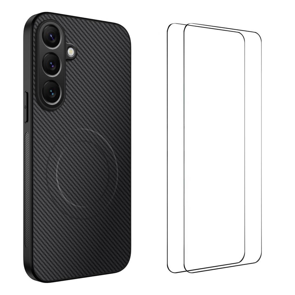 Для Samsung Galaxy S25 FE Магнитный чехол WANLONFENG Серия TQ1 Текстура углеродного волокна ПК ТПУ Чехол для телефона с 2 шт. Пленками для экрана