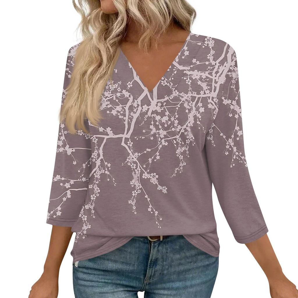 Женские рубашки с рукавом 3/4, топы с принтом и V-образным вырезом, повседневные топы, базовые футболки, блузки, свободные топы