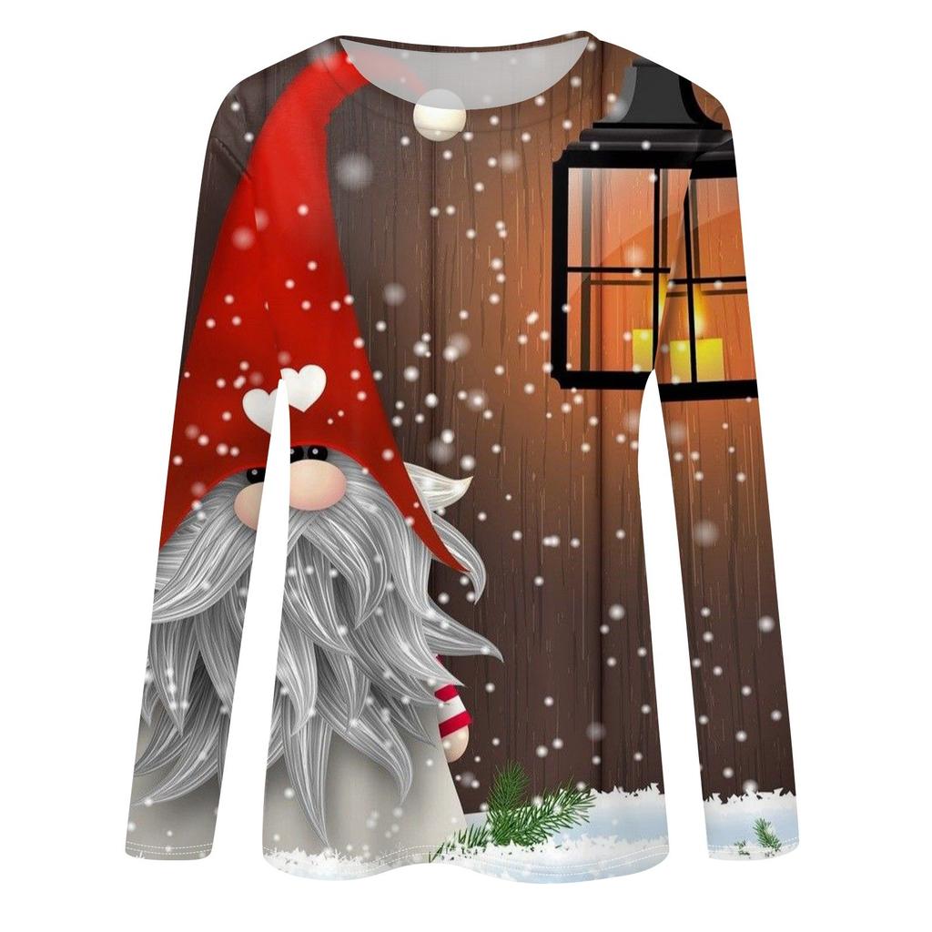 Женская мода повседневная рождественская печать круглый вырез длинный рукав декоративная футболка топ