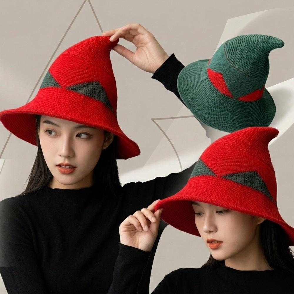 Color Blocked Witch Hat Spire Halloween Hat Knitted Wizard Cap Photography Prop