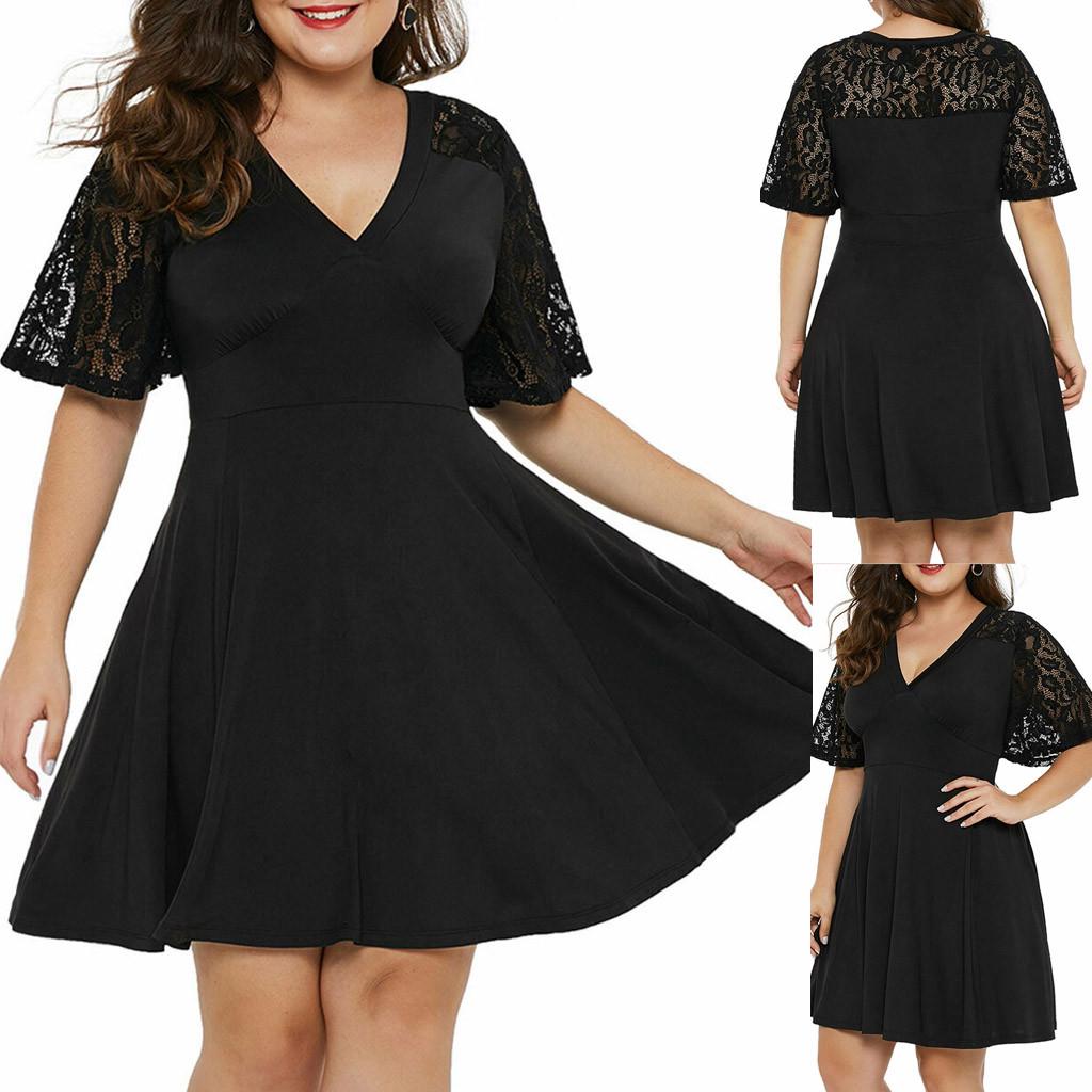 Fashion Women Plus Size Casual Solid V-Neck Short Sleeve Lace A-Line Swing Dress