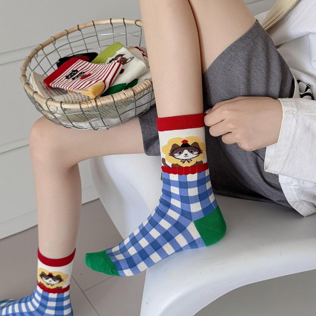 Осенние женские носки, носки до середины икры, махровые носки с мультяшным котом, студенческие носки для женщин
