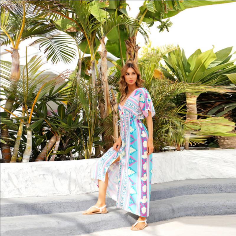 Накидки на бикини, богемное кимоно с принтом, зеленая туника, женская пляжная одежда больших размеров, Глубокий v-образный вырез спереди, открытое макси-платье, купальный костюм, накидка