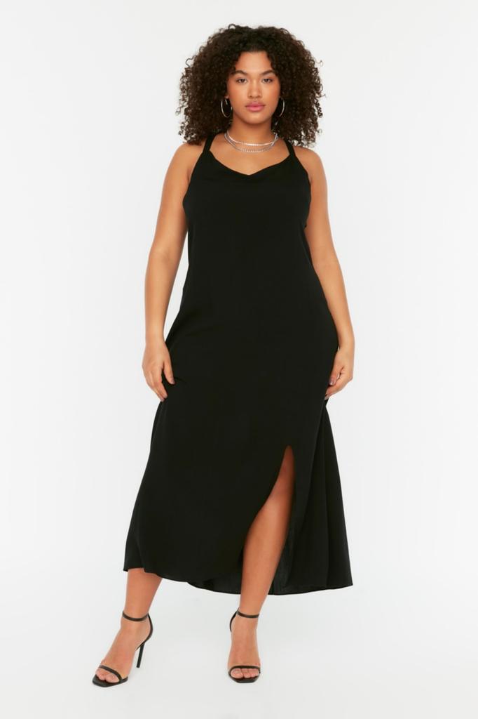 Черное тканое платье с разрезом TBBSS22EL1094..