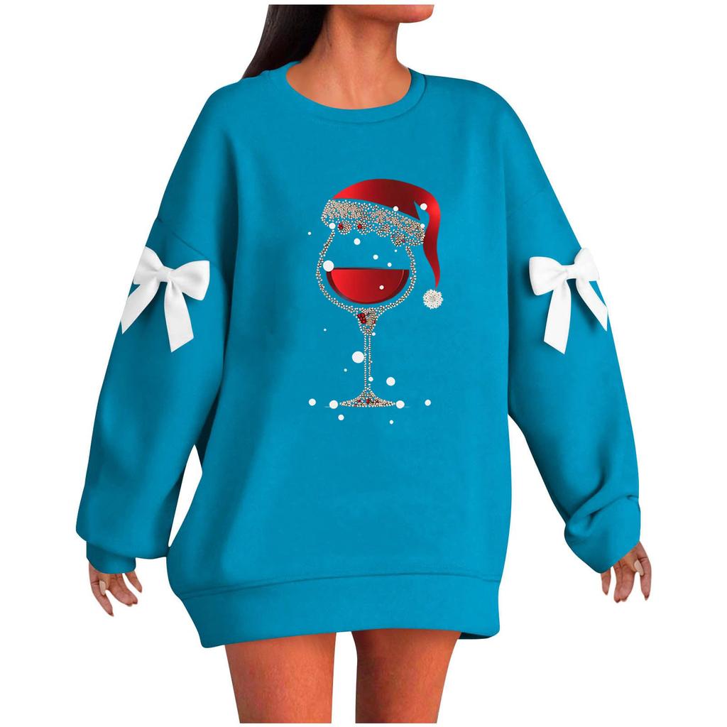 Ladies' Christmas Printed Bow Round Neck Long Sleeved Loose Pullover Sweater Sweatshirt Top