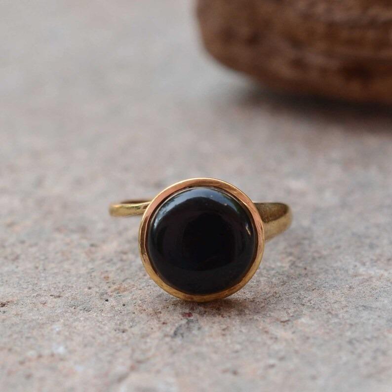 Black Onyx Gemstone Round Ring, Yellow Gold Ring, Handmade Ring, Women Ring, 925 Silver Ring, Birthstone Ring, Gift For Her