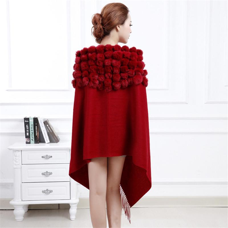 Women's Cashmere Wool Over Size Scarf With Rabbit Fur Ball Collar Winter Rabbit Fur Infinity Scarves Neck Fur Collar Hand Knit