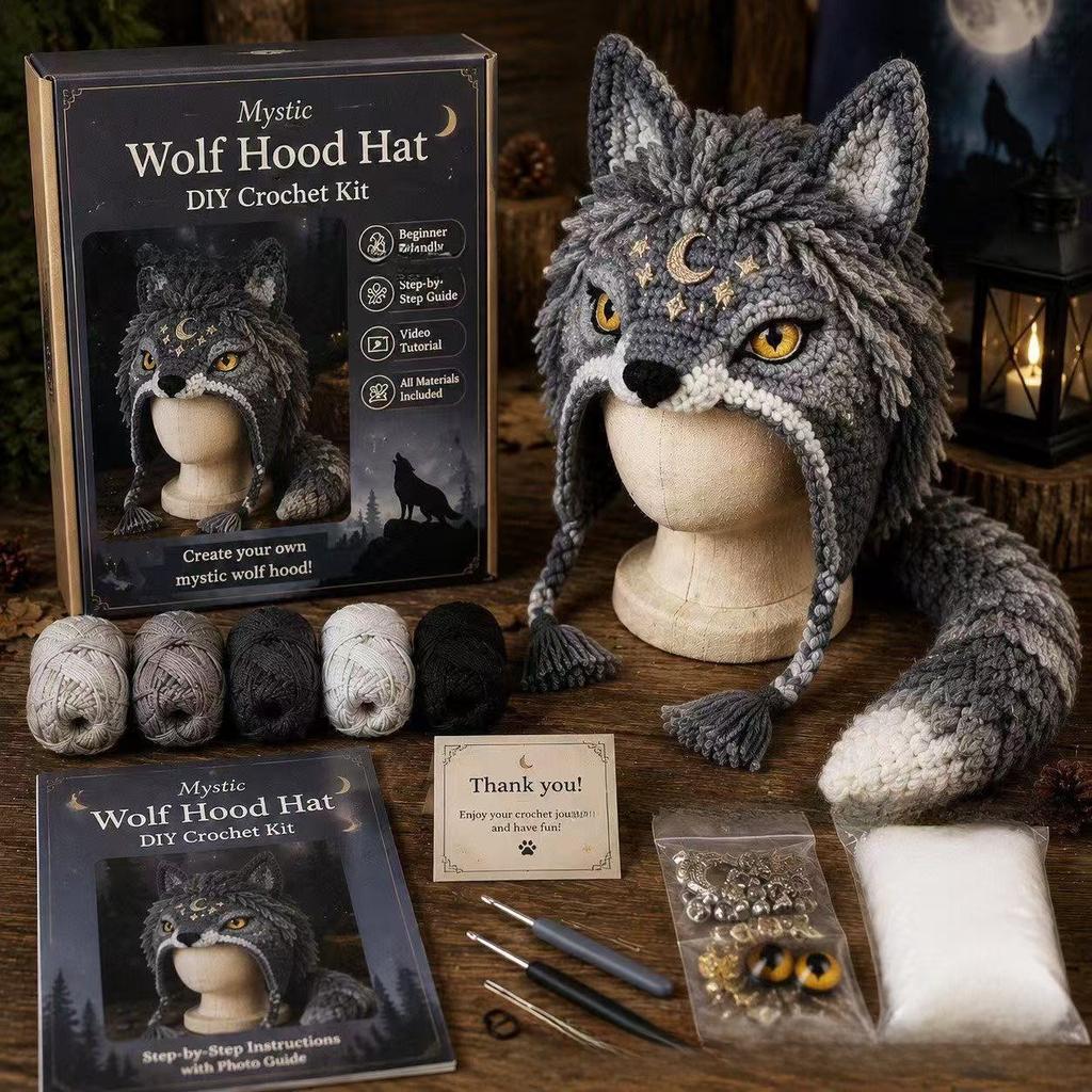 DIY Crochet Kit with Hood Hat, Handmade Knitted Animal Hat, Portable Creative Craft Gift for Beginners, 41 Styles