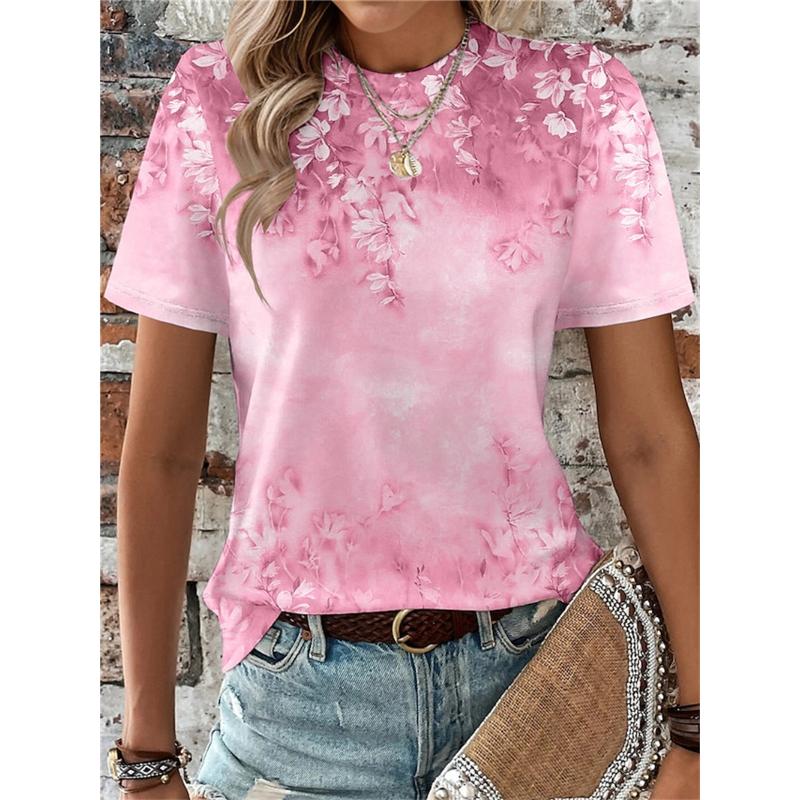 Женская футболка с цветочным принтом 3D, стильная повседневная, с коротким рукавом и круглым вырезом, обычные топы, повседневные, выходные, принт, фиолетовая, лето, весна