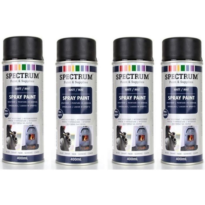 Peinture Aérosol - Haute Température - Noir Mat - 800°C - Lot de 4 - 400 ml par bombe
