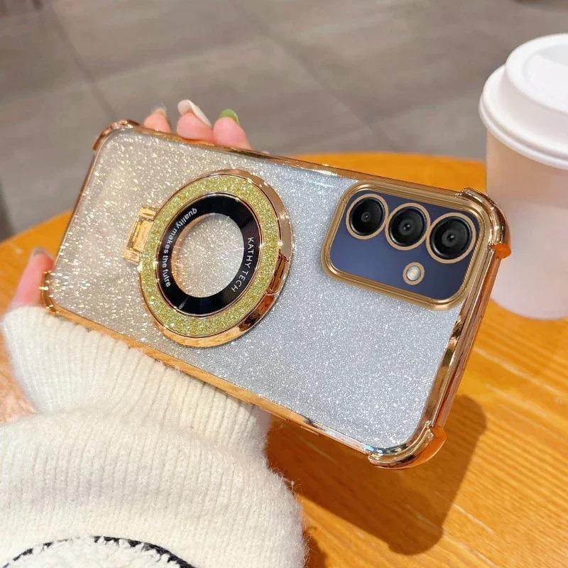 Suitable for Samsung S25Edge Mobile Phone Case Electroplated Magnetic Bracket S24Ultra Anti Fall Cover A55 Gradient Powder Soft