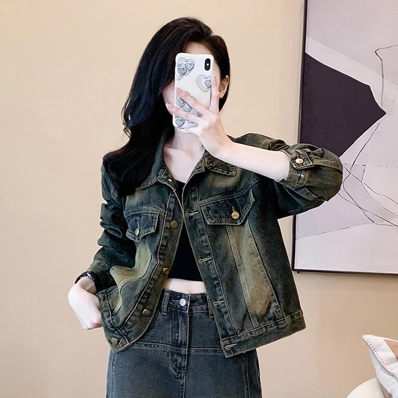 Весенне-осенняя женская джинсовая куртка, винтажная куртка-поло с воротником, короткие топы