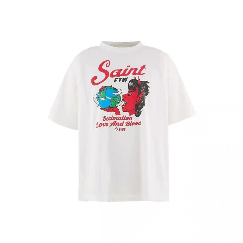 Saint of Michael New DEVIL Pattern Printed Washed Vintage High Street Casual Loose Cotton Versatile Tshirt MEN Tops