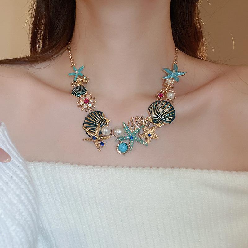 2025 Luxury Beach Multicolor Starfish Shell Necklace Earrings Women Pearls Shining Rhinestones Blue Ocean Elegant Y2K Jewelry