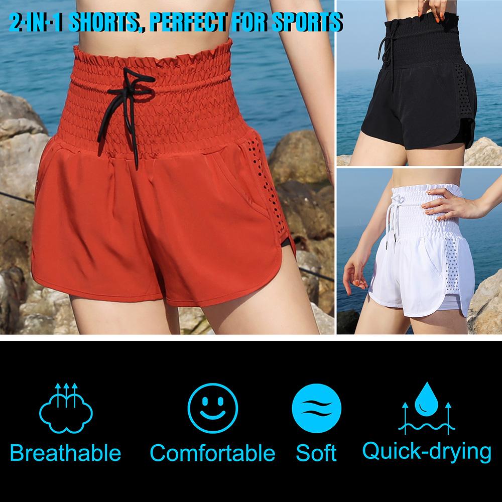 Women 2-in-1 Sports Shorts Qucik-Dry Breathable High Waist Drawstring Running Gym Yoga Shorts