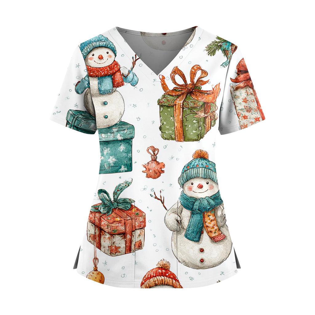 Women's Christmas Print V-Neck Double Pocket Short Sleeves Hem Slit Uniform And Caregiver Top