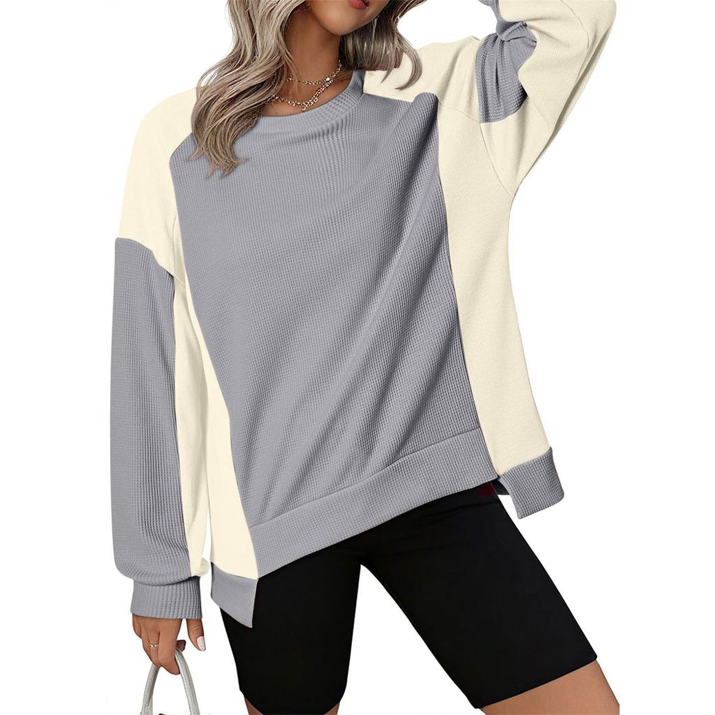 Женская мода с длинным рукавом и круглым вырезом, повседневная толстовка, пуловер, топ с цветными блоками