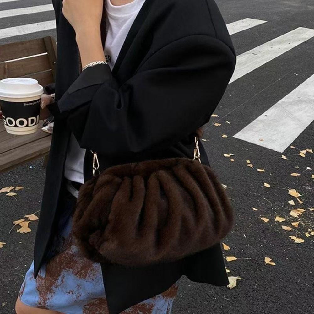 Large Capacity Furry Pleated Shoulder Bag Lightweight Mink Fur Wrinkle Handbag Gifts