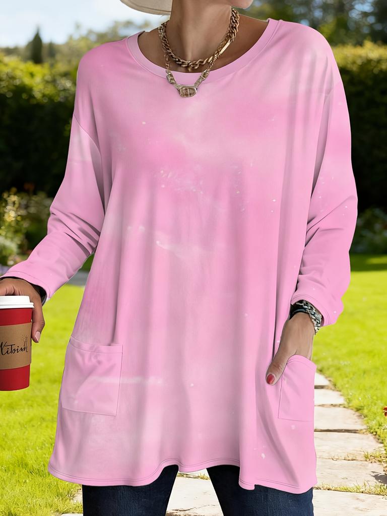 Ladies with pocket design pink gradual change loose long-sleeved T-shirt women's autumn new large size casual top fashionable foreign style versatile
