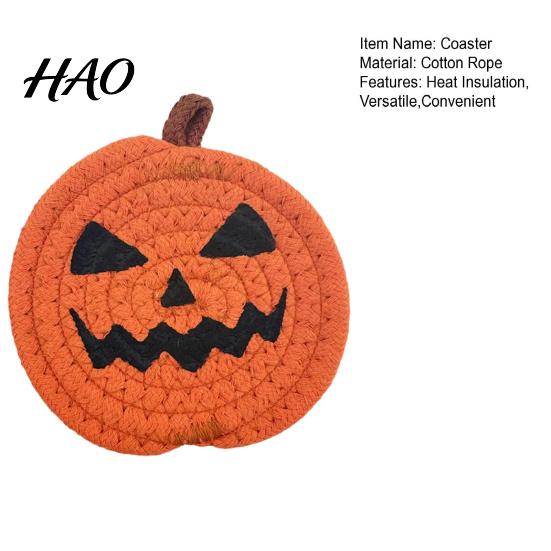Pumpkin Shaped Kitchen Mats Halloween Cotton Rope Coaster, Handwoven Placemat with Funny Face, Iron Woven Table Protectors Craft Mat for Mug