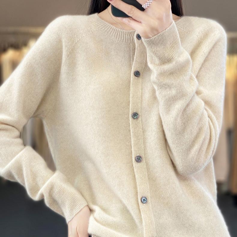 Knitted Cardigan Women's Spring and Autumn Simple Loose Sweater Coat Round-neck Long-sleeved Casual Sweater Cardigan