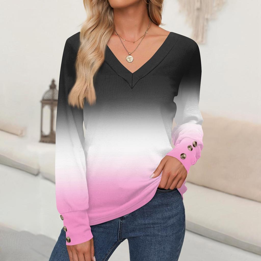 Women's Tops Gradient Printed Long Sleeve Shirt V Neck Casual Loose T-Shirt Autumn Clothing