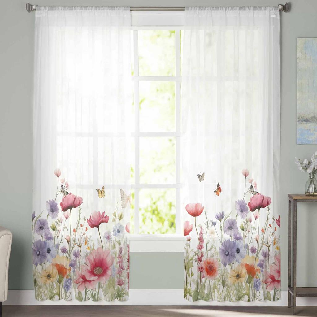 Акварельные цветы, растения, бабочки, лавандовые ромашки, тюлевые шторы для спальни, роскошные шторы в гостиной, шифоновые панели