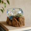 Coloured Glass Bowl Handblown On Wood Base Small