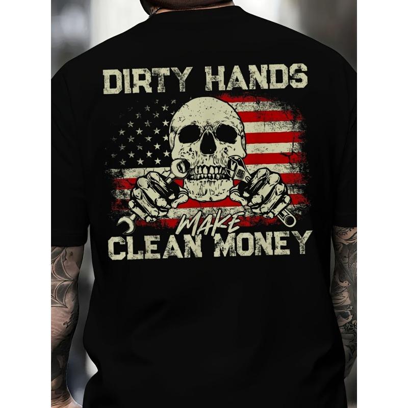 Европейский размер DIRTY HANDS Футболка с принтом Череп - Смелый белый потертый принт с изображением черепа и инструментов на фоне американского флага - Уникальный повседневный