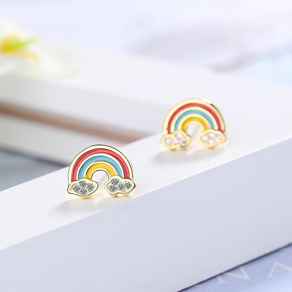 100 %925 Solid Real Sterling Silver 5mmx12mm Rainbow Cloud With Cz Stud Earring For Teen Girl Friend Kid Lady Xy1029
