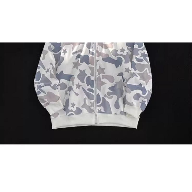 High Street Camo Shark Zip-Up Hoodie - Unisex, BF Style, Long Sleeve with Towel Embroidery
