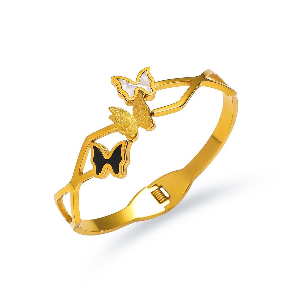 European-American Stainless Steel Butterfly Bracelet with Gold Edge - Fashionable Women's Openable Jewelry