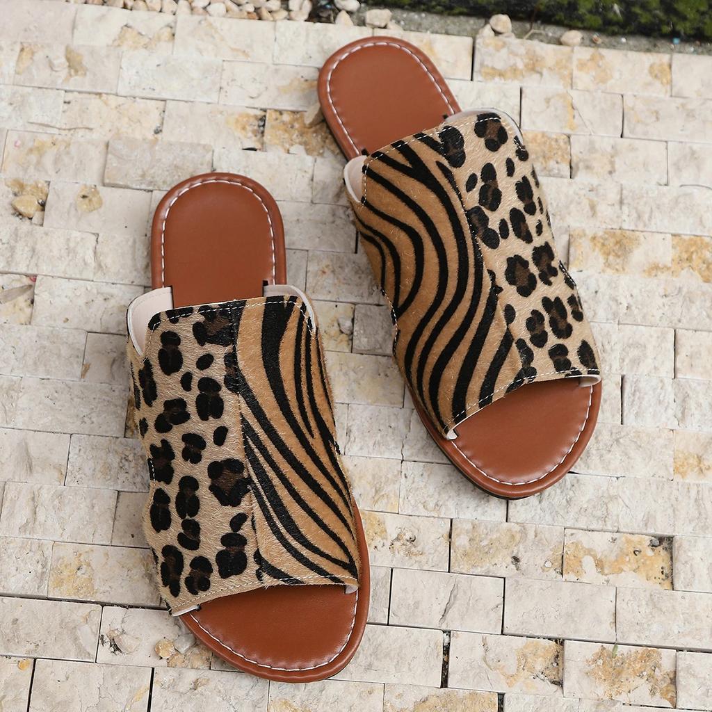 Fashion Summer Woman Slippers Leopard Print Gladiator Sandals Lightweight Beach Shoes for Woman Roman Style Flat Slippers Slides Women