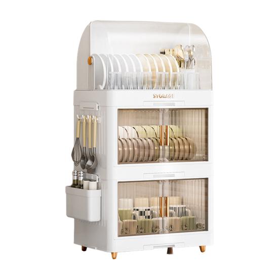 Штабелируемый ящик для хранения посуды, многоярусный органайзер для столовой посуды с прозрачной крышкой, дверцами, крючками, контейнеры для хранения тарелок, чашек, с поддоном для слива