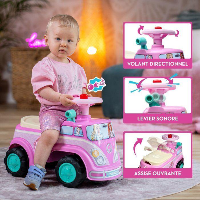 Porteur - FALK - Van rétro Barbie - Assise ouvrante - Volant avec klaxon - Plaque personnalisable - Dès 12 mois