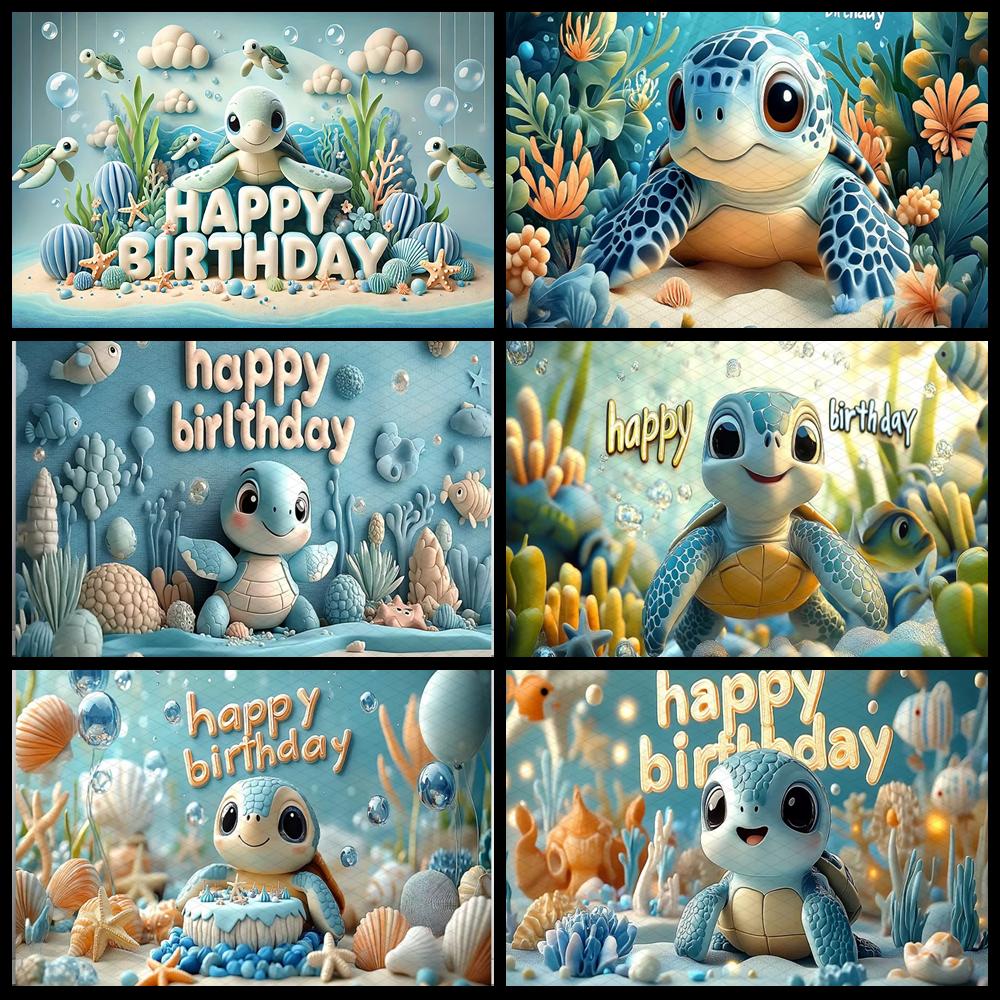 Cute Turtle Theme Birthday Banner Photography Background Blue Decorative Baby Shower Photo Studio Portrait Shooting Background