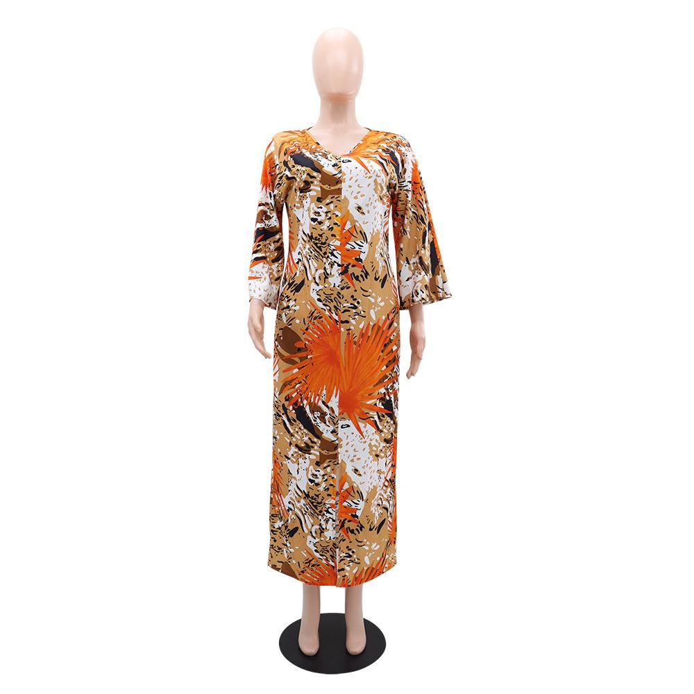 Women's Fashion Printed Dress Temperament Commuter Style V-Neck Long Sleeve Split Comfortable Dress Long Dress